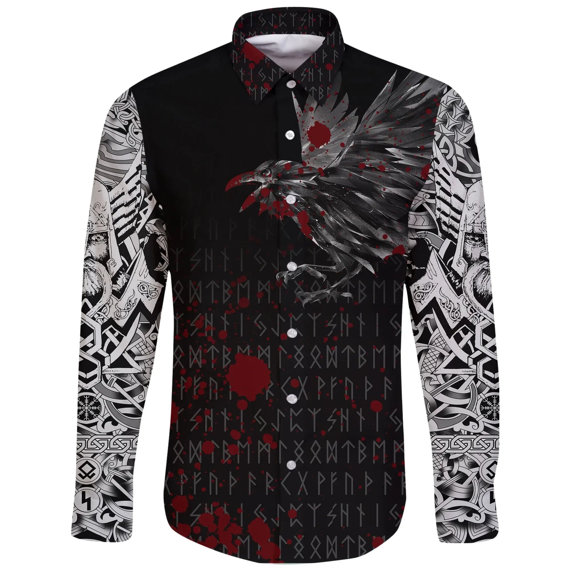 Vikings Long Sleeve Button Shirt Raven Tattoo Style Blood