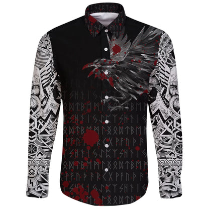 Vikings Long Sleeve Button Shirt Raven Tattoo Style Blood
