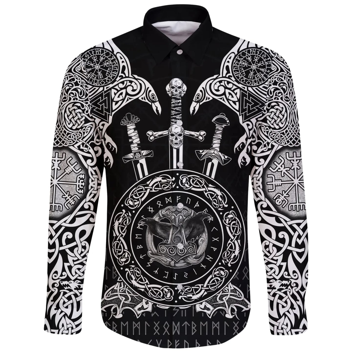 Long Sleeve Button Shirt Huginn And Muniin With Mjolnir