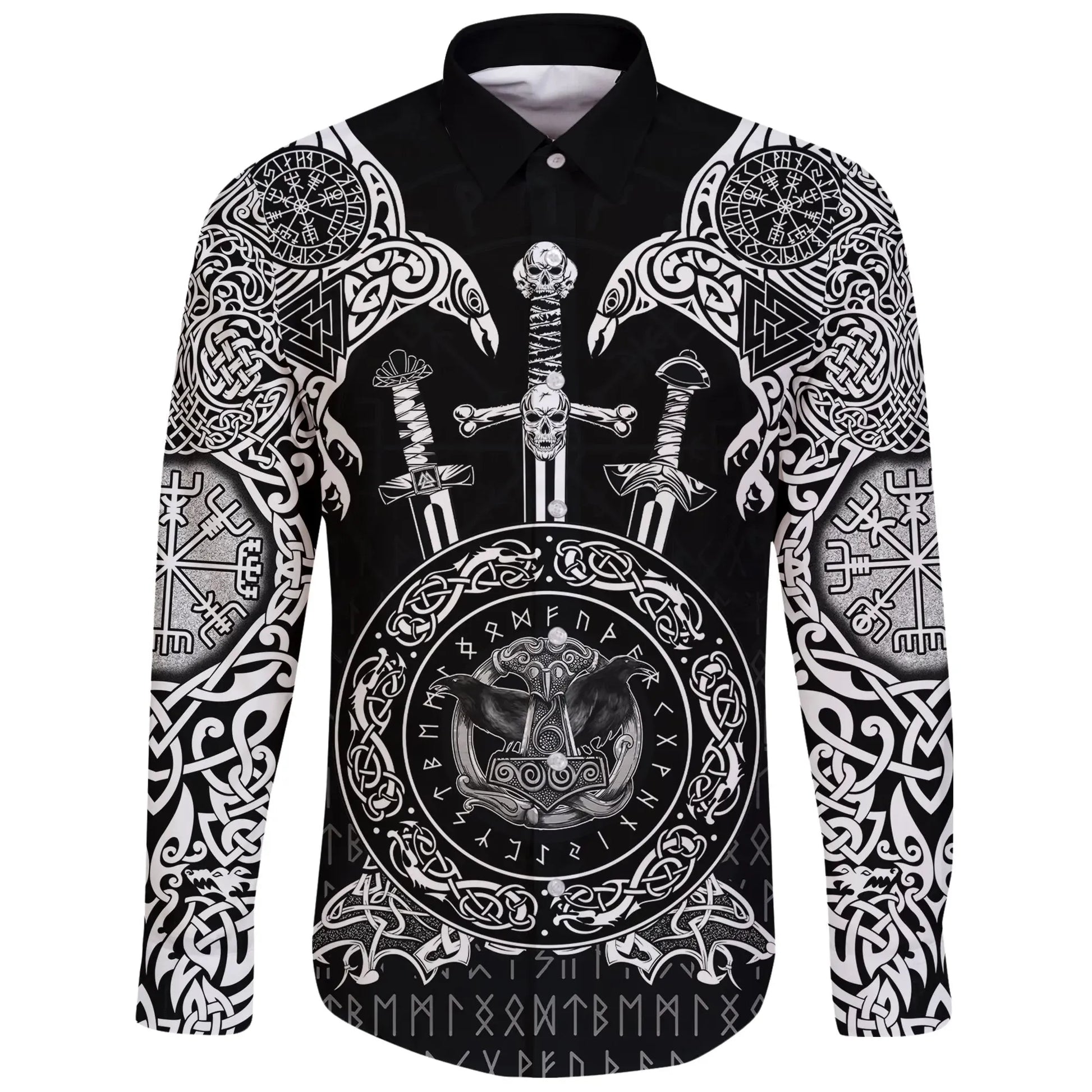 Long Sleeve Button Shirt Huginn And Muniin With Mjolnir