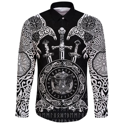 Long Sleeve Button Shirt Huginn And Muniin With Mjolnir