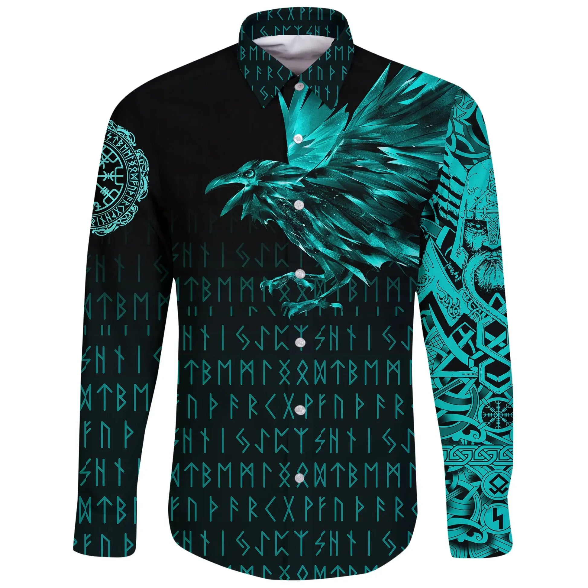 Vikings Raven Tattoo Style Cyan Long Sleeve Button Shirt