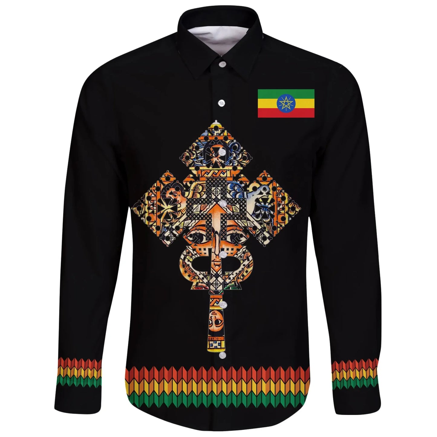 Ethiopian Long Sleeve Button Shirt Habesha Holy Cross Black