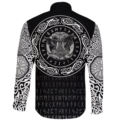 Long Sleeve Button Shirt Huginn And Muniin With Mjolnir