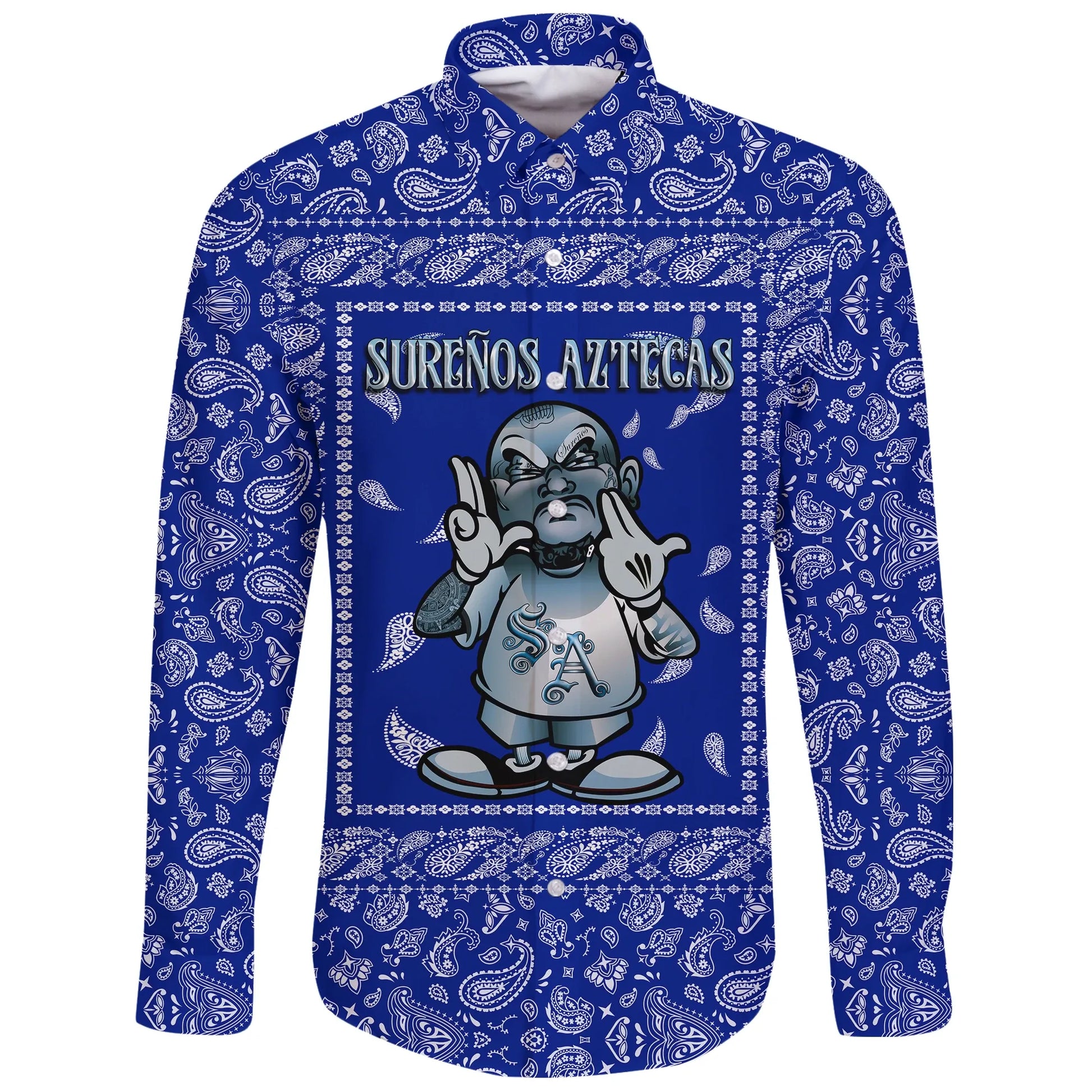 Sureños Aztecas Long Sleeve Button Shirt Blue Bandana