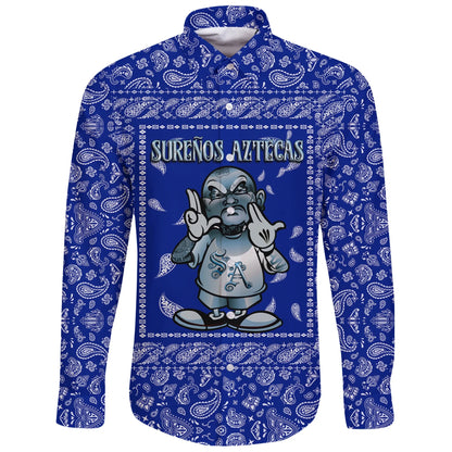 Sureños Aztecas Long Sleeve Button Shirt Blue Bandana