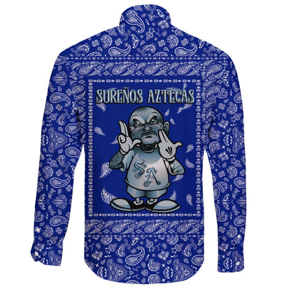 Sureños Aztecas Long Sleeve Button Shirt Blue Bandana