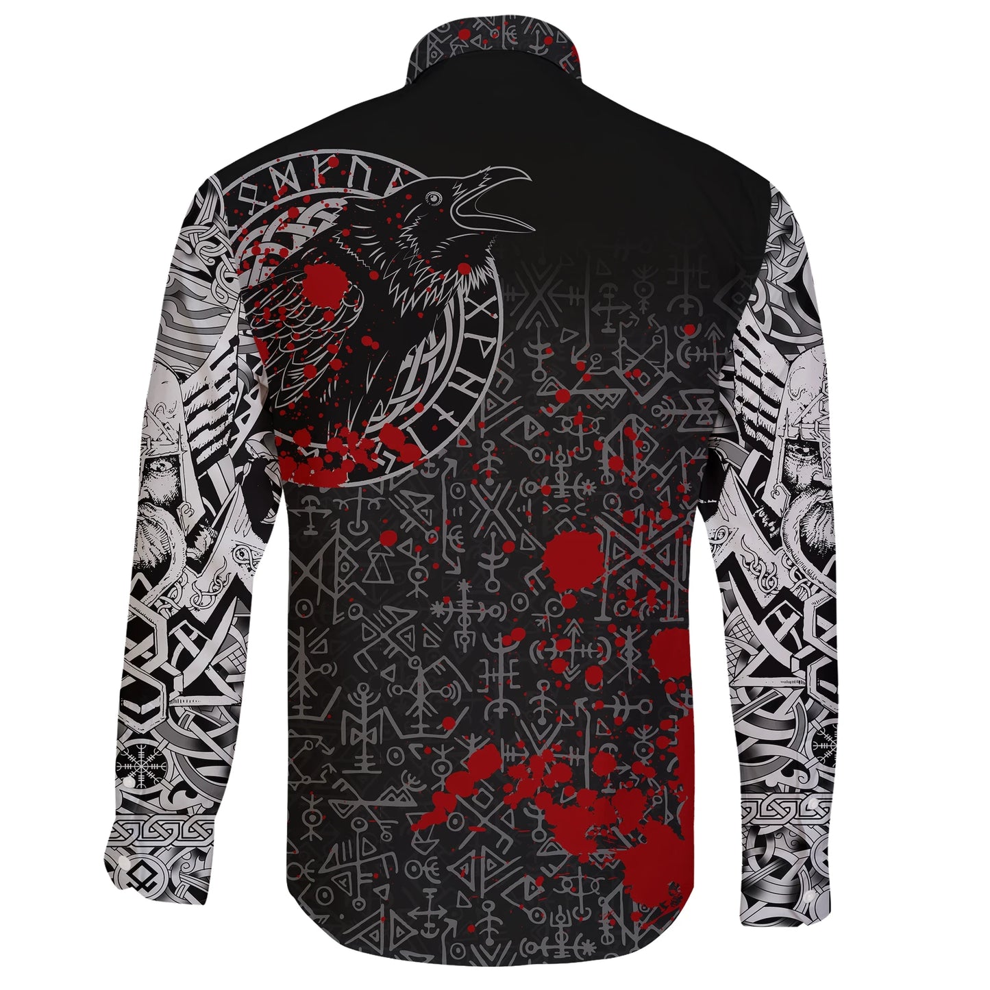 Vikings Long Sleeve Button Shirt Ravens And Vegvisir Tattoo Style Blood