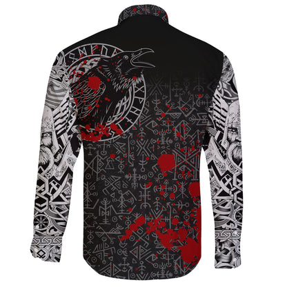 Vikings Long Sleeve Button Shirt Ravens And Vegvisir Tattoo Style Blood