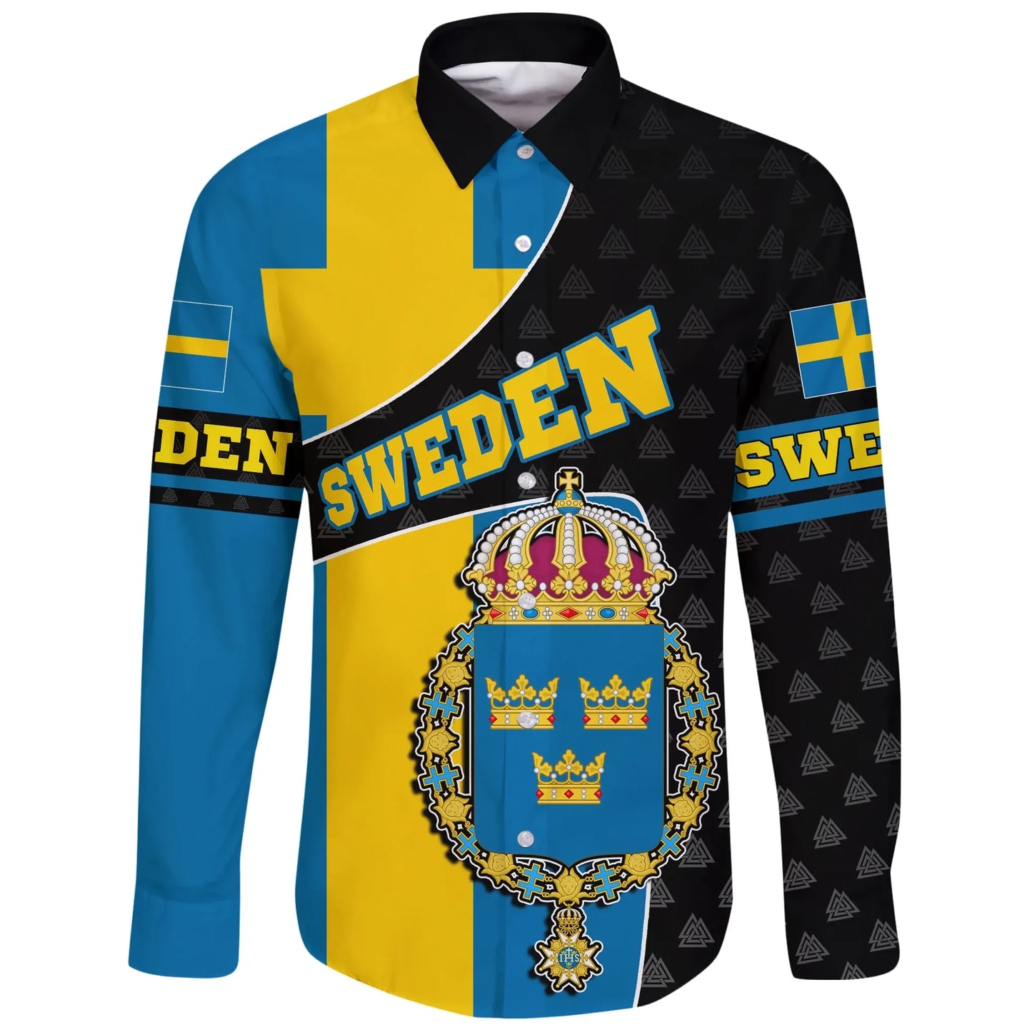 Sweden Long Sleeve Button Shirt Flag And Valknut Symbols