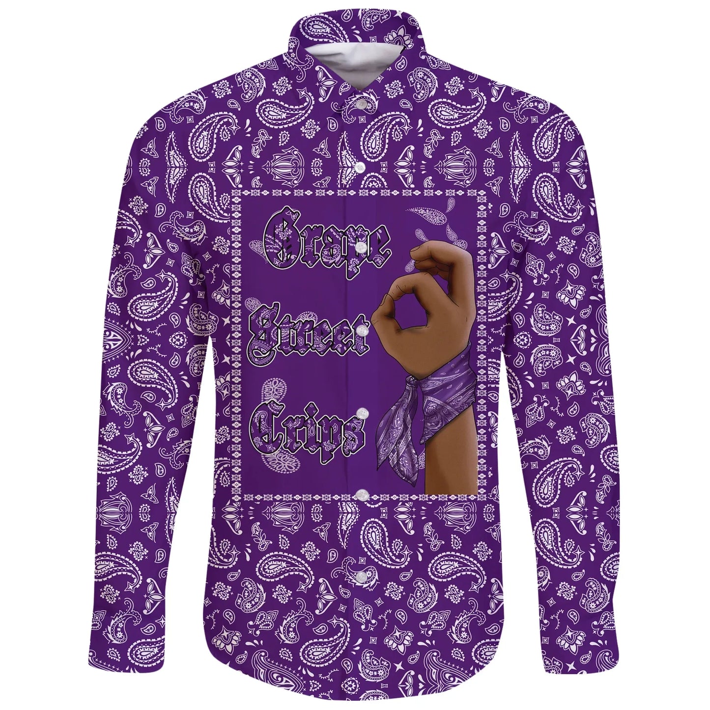 Grape Street Crips Gang Sign Long Sleeve Button Shirt Purple Bandana