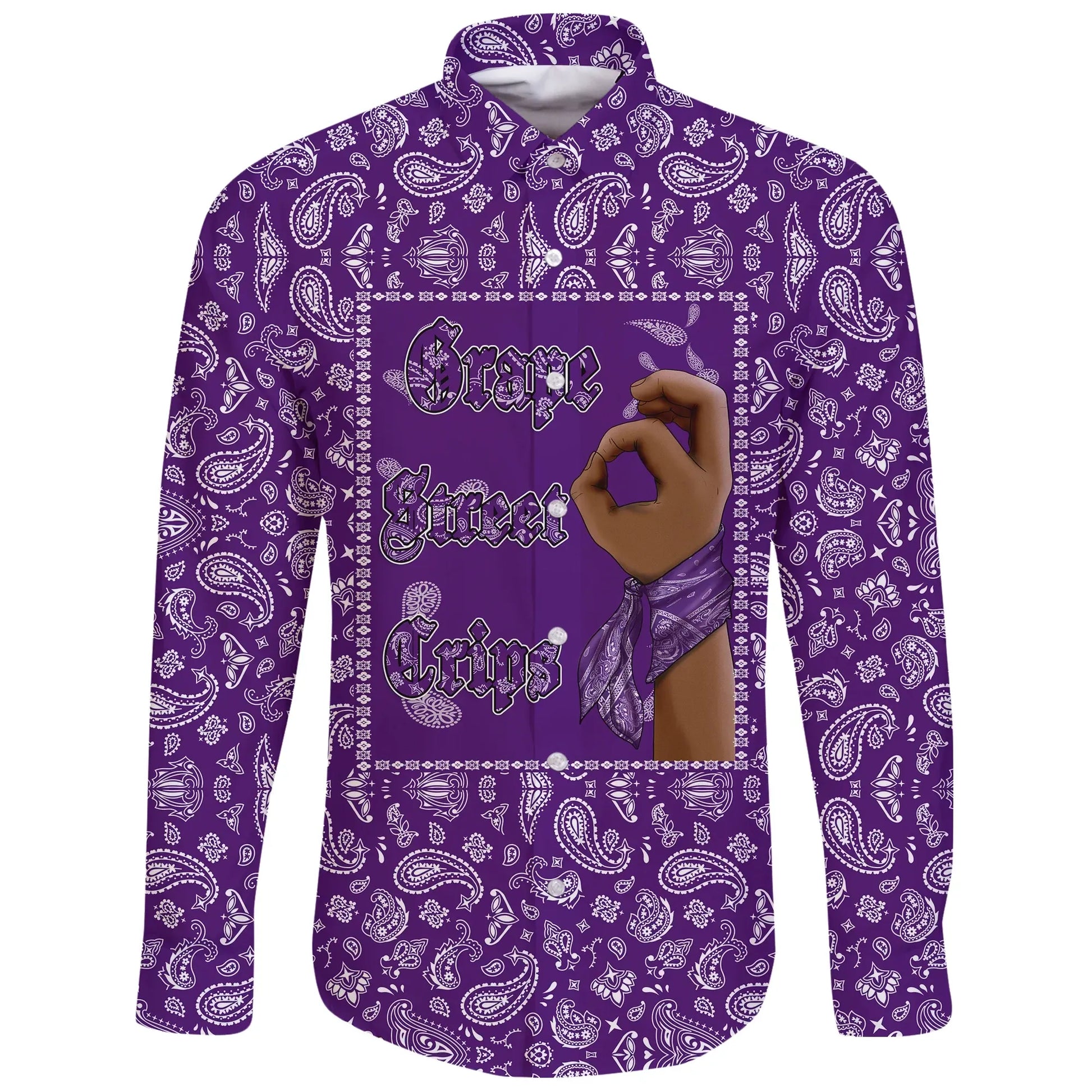 Grape Street Crips Gang Sign Long Sleeve Button Shirt Purple Bandana