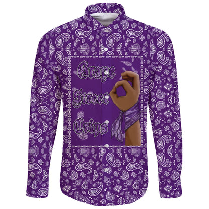 Grape Street Crips Gang Sign Long Sleeve Button Shirt Purple Bandana