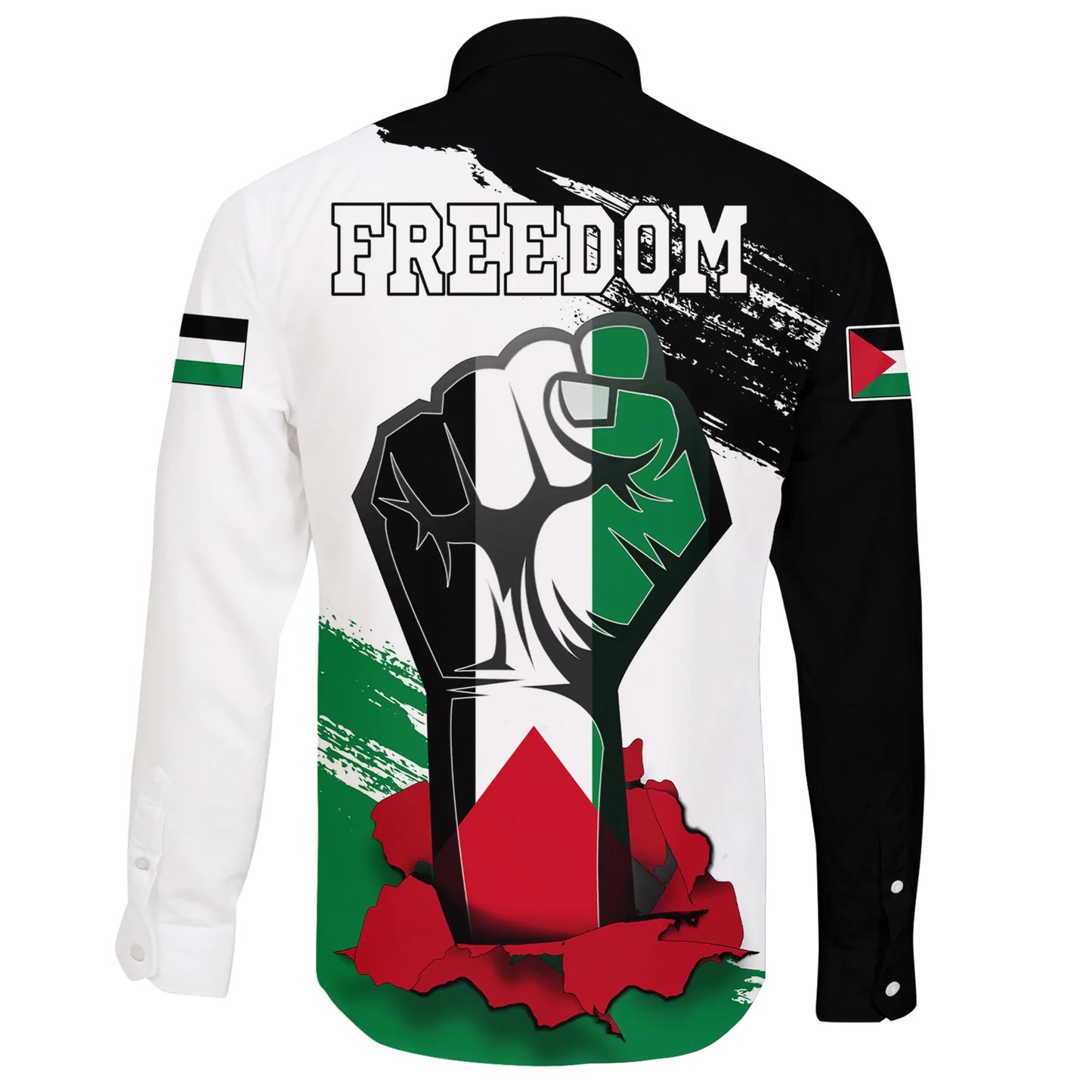 Palestine Freedom Long Sleeve Button Shirt Flag And Map