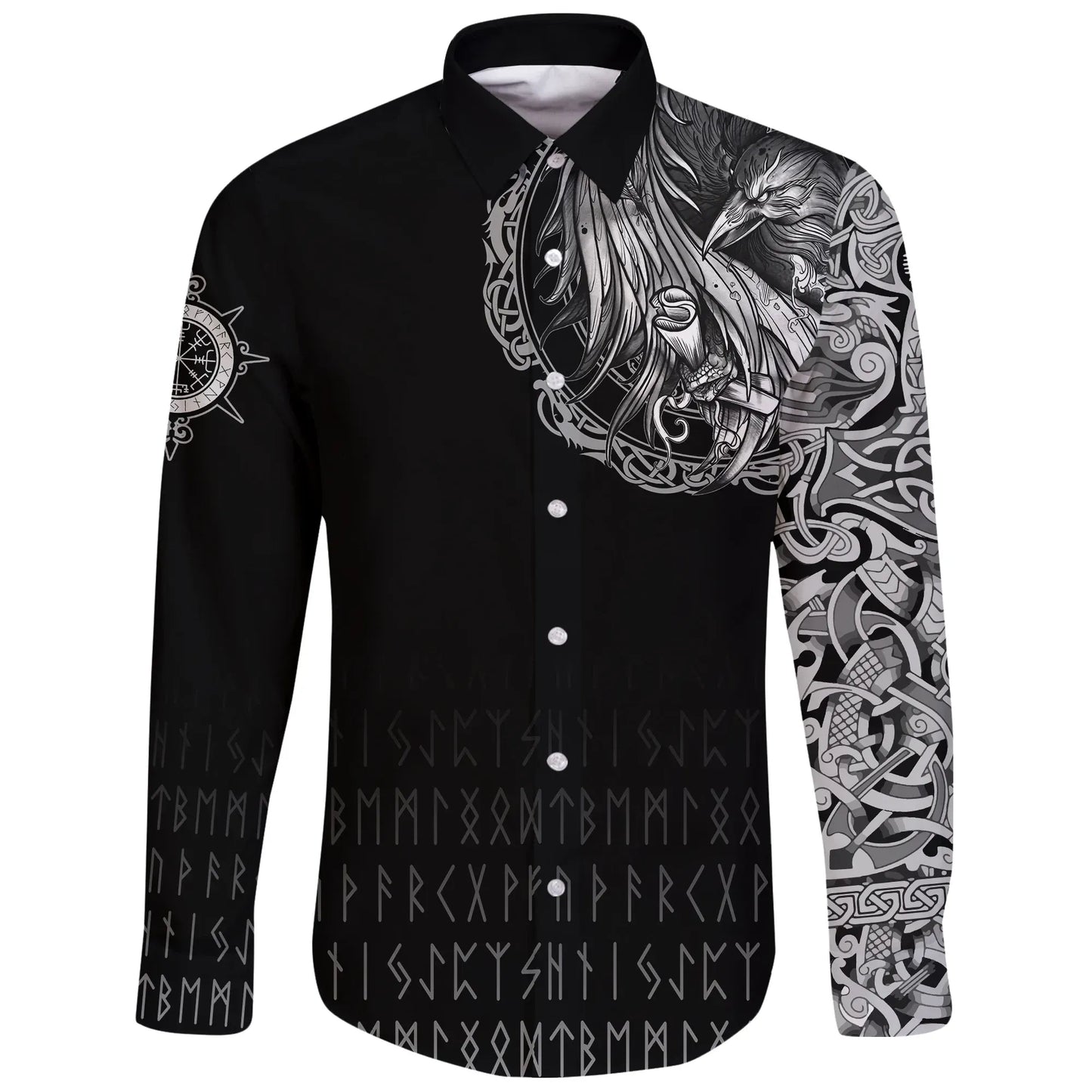 Viking Norse Raven Tattoo Long Sleeve Button Shirt