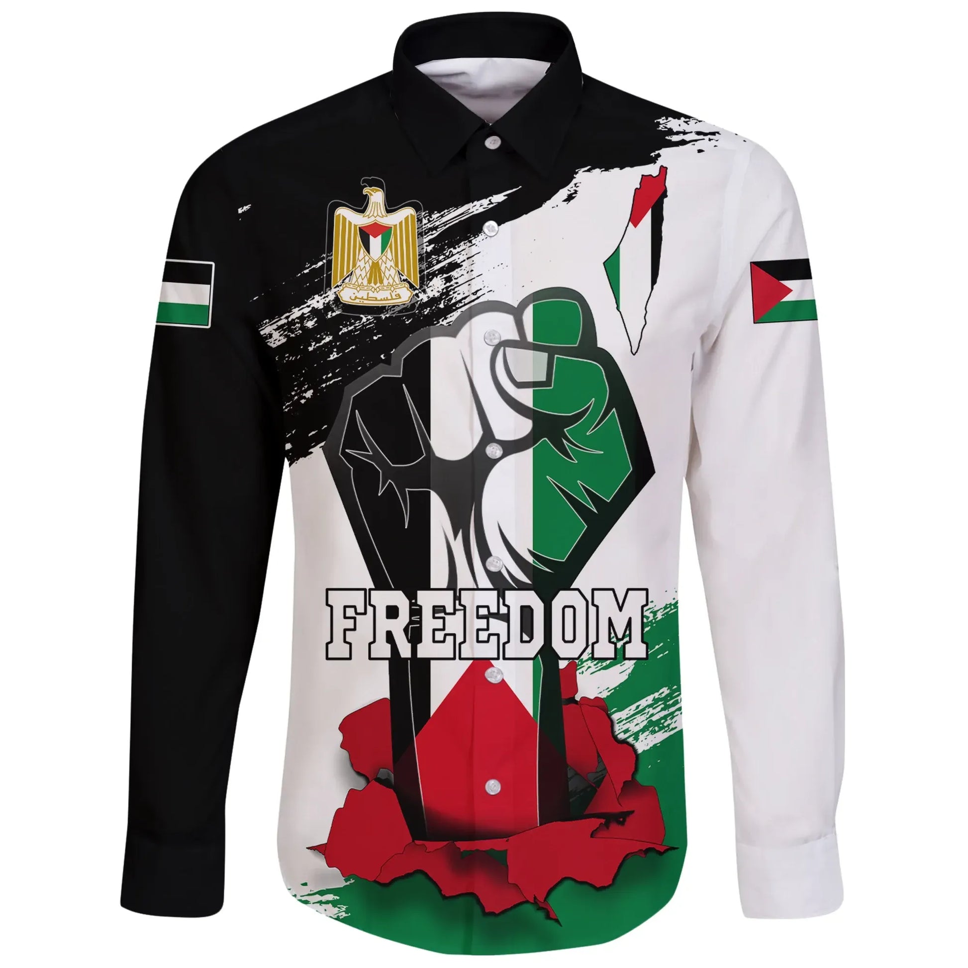 Palestine Freedom Long Sleeve Button Shirt Flag And Map
