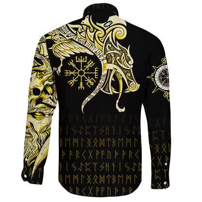 Viking Long Sleeve Button Shirt Raven Tattoo And Vegvisir Yellow