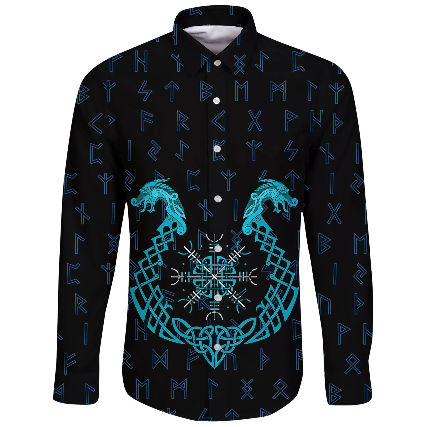 Vikings Long Sleeve Button Shirt Aegishjalmur Helm Of Awe Helm Of Terror Blue Edition