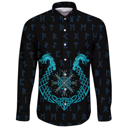 Vikings Long Sleeve Button Shirt Aegishjalmur Helm Of Awe Helm Of Terror Blue Edition