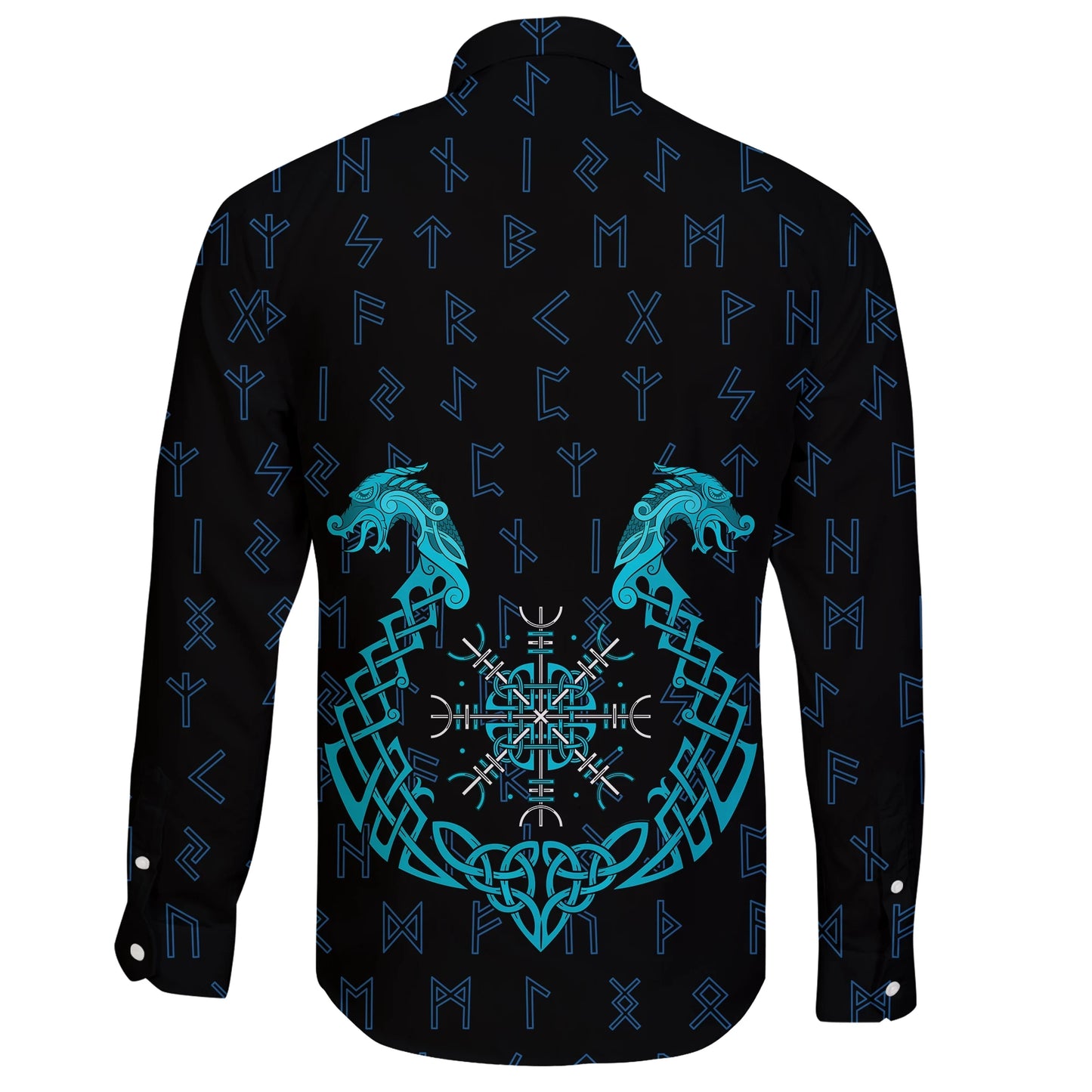 Vikings Long Sleeve Button Shirt Aegishjalmur Helm Of Awe Helm Of Terror Blue Edition