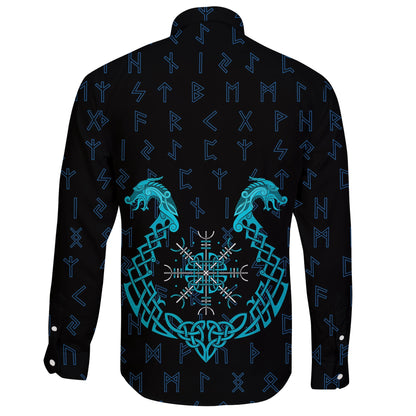 Vikings Long Sleeve Button Shirt Aegishjalmur Helm Of Awe Helm Of Terror Blue Edition