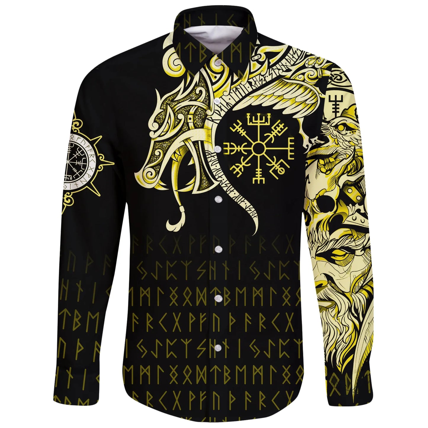 Viking Long Sleeve Button Shirt Raven Tattoo And Vegvisir Yellow