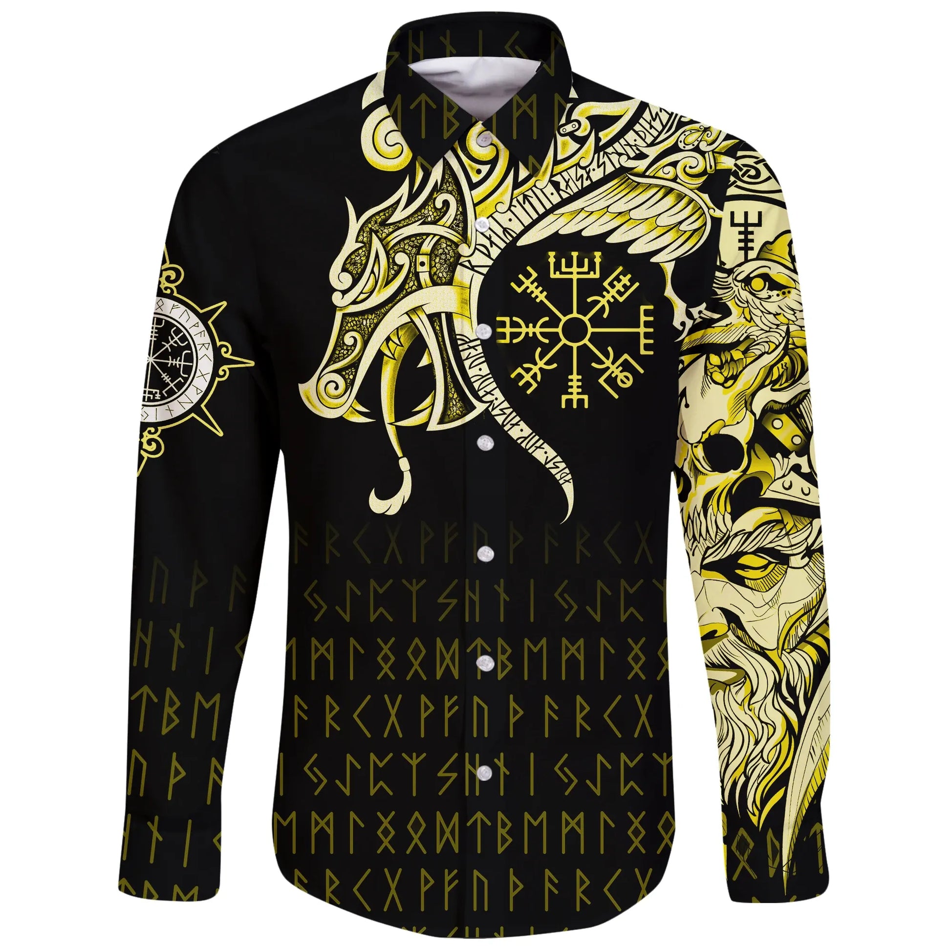Viking Long Sleeve Button Shirt Raven Tattoo And Vegvisir Yellow