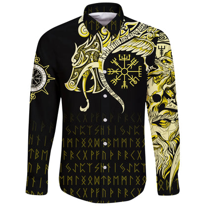 Viking Long Sleeve Button Shirt Raven Tattoo And Vegvisir Yellow