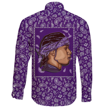 Grape Street Crips Gang Sign Long Sleeve Button Shirt Purple Bandana
