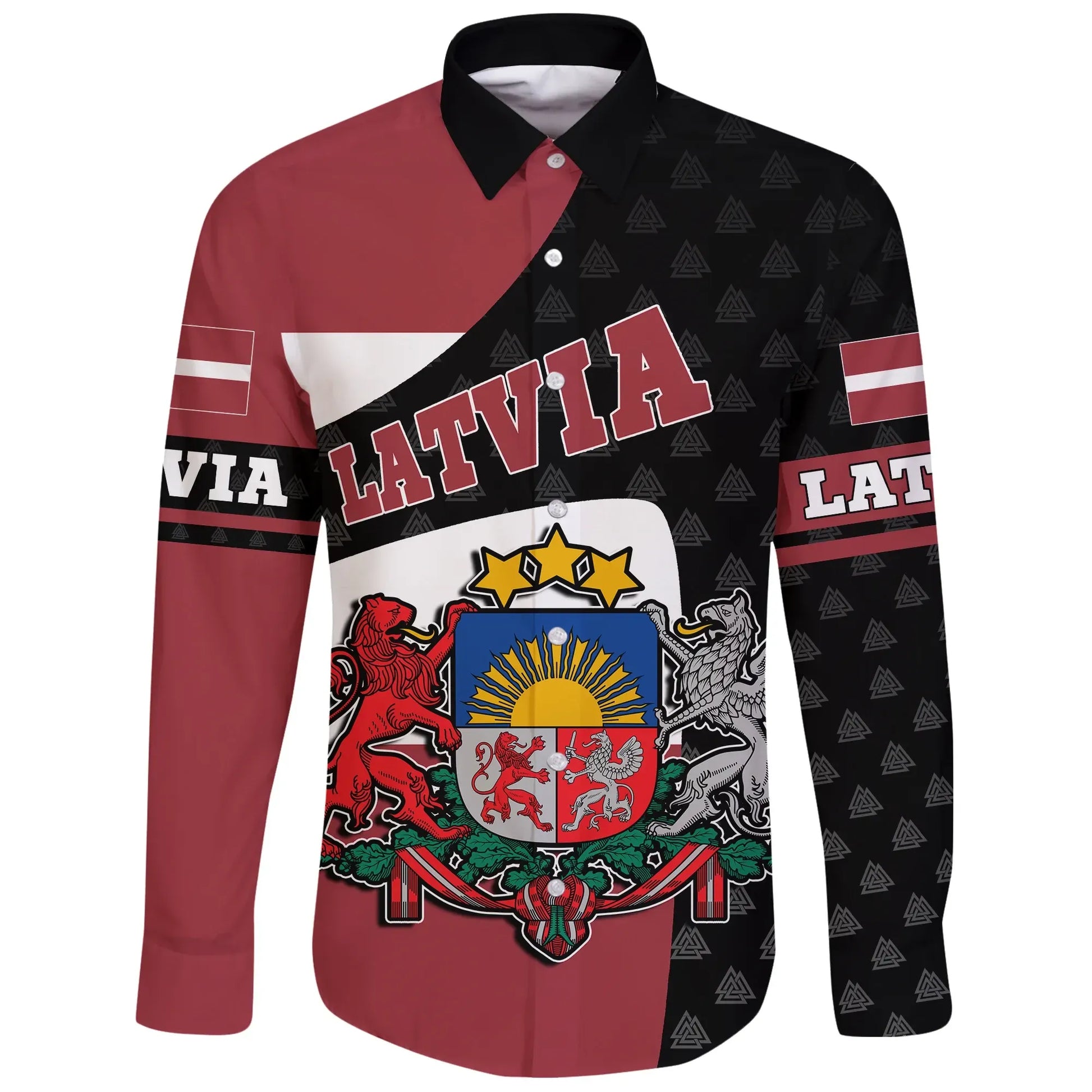 Latvia Long Sleeve Button Shirt Flag And Valknut Symbols