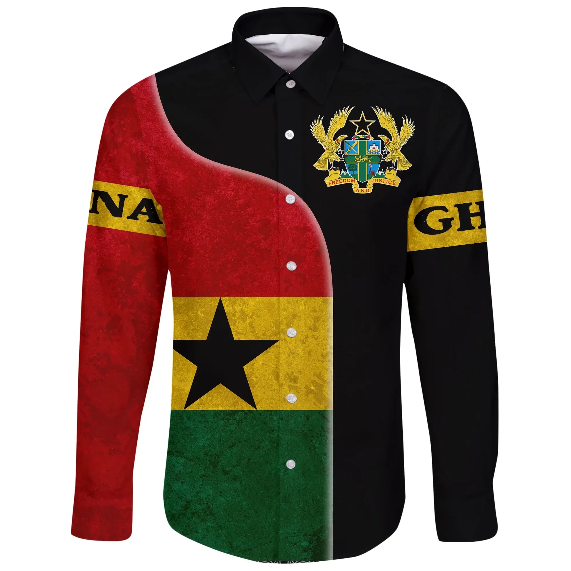 Ghana Flag Coat Of Arms Long Sleeve Button Shirt