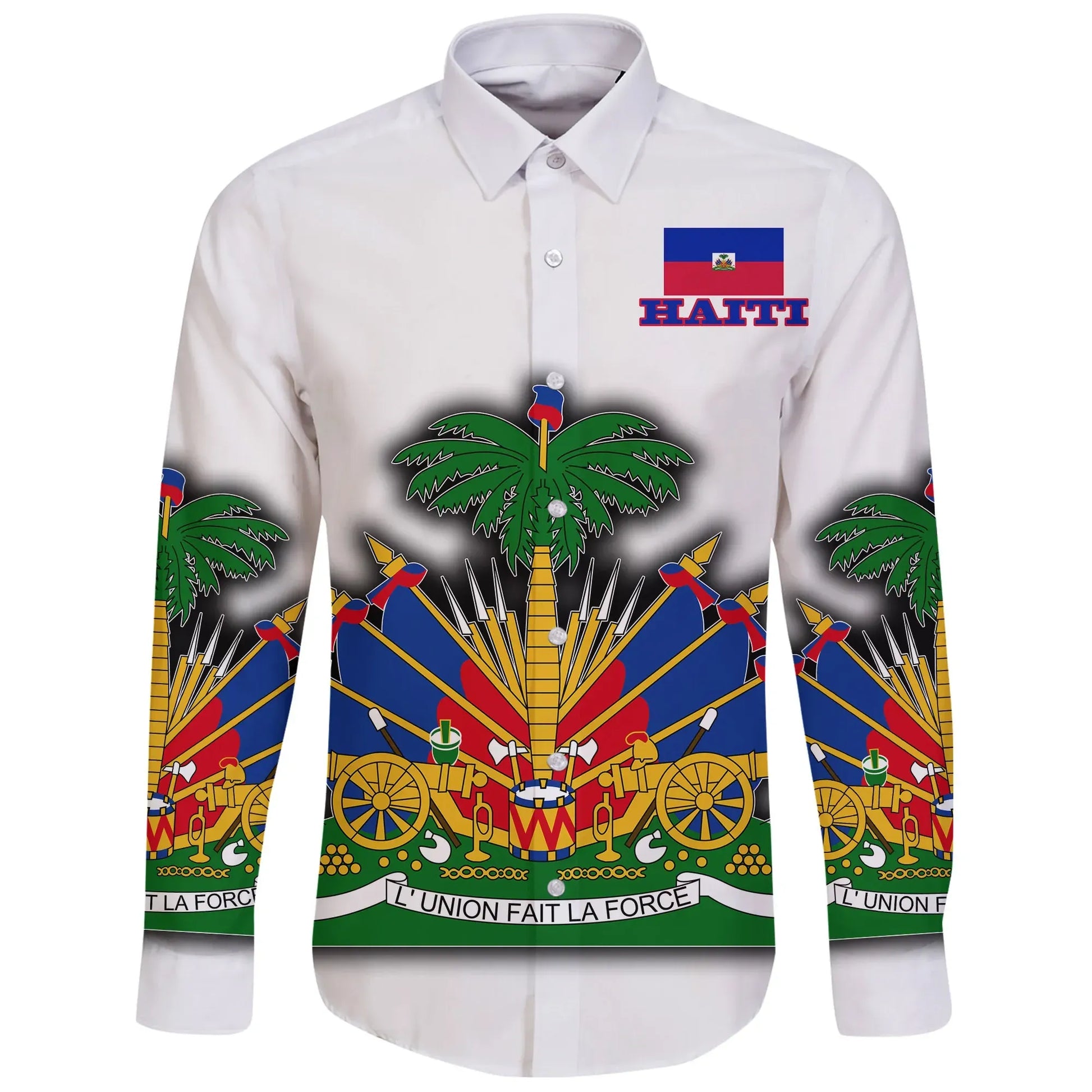 Haiti Long Sleeve Button Shirt Flag With Coat Of Arm White