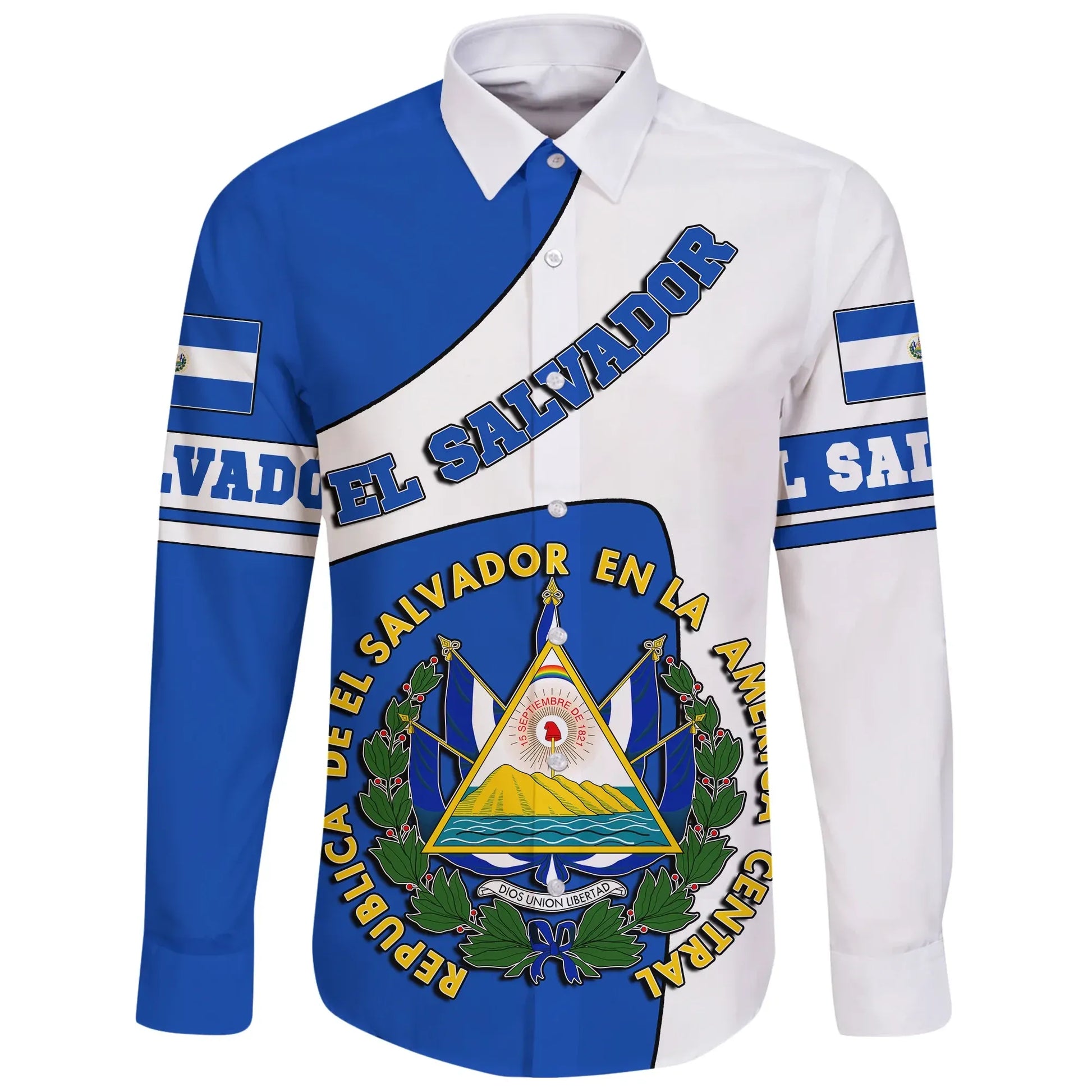 El Salvador Long Sleeve Button Shirt Flag And Coat Of Arms