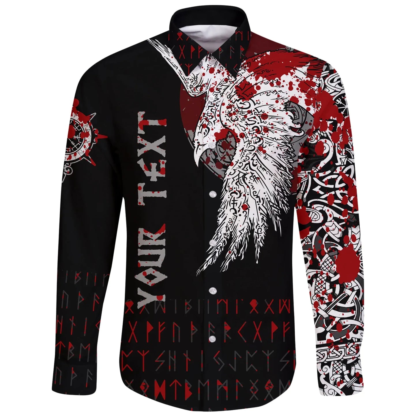 Custom Viking Mystical Raven Tattoo Style Blood Long Sleeve Button Shirt