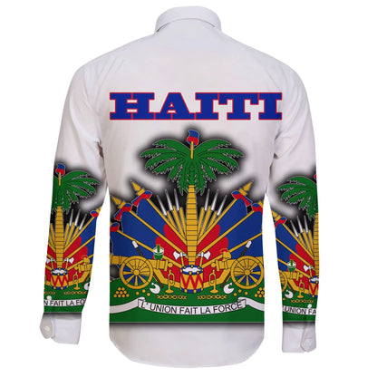 Haiti Long Sleeve Button Shirt Flag With Coat Of Arm White