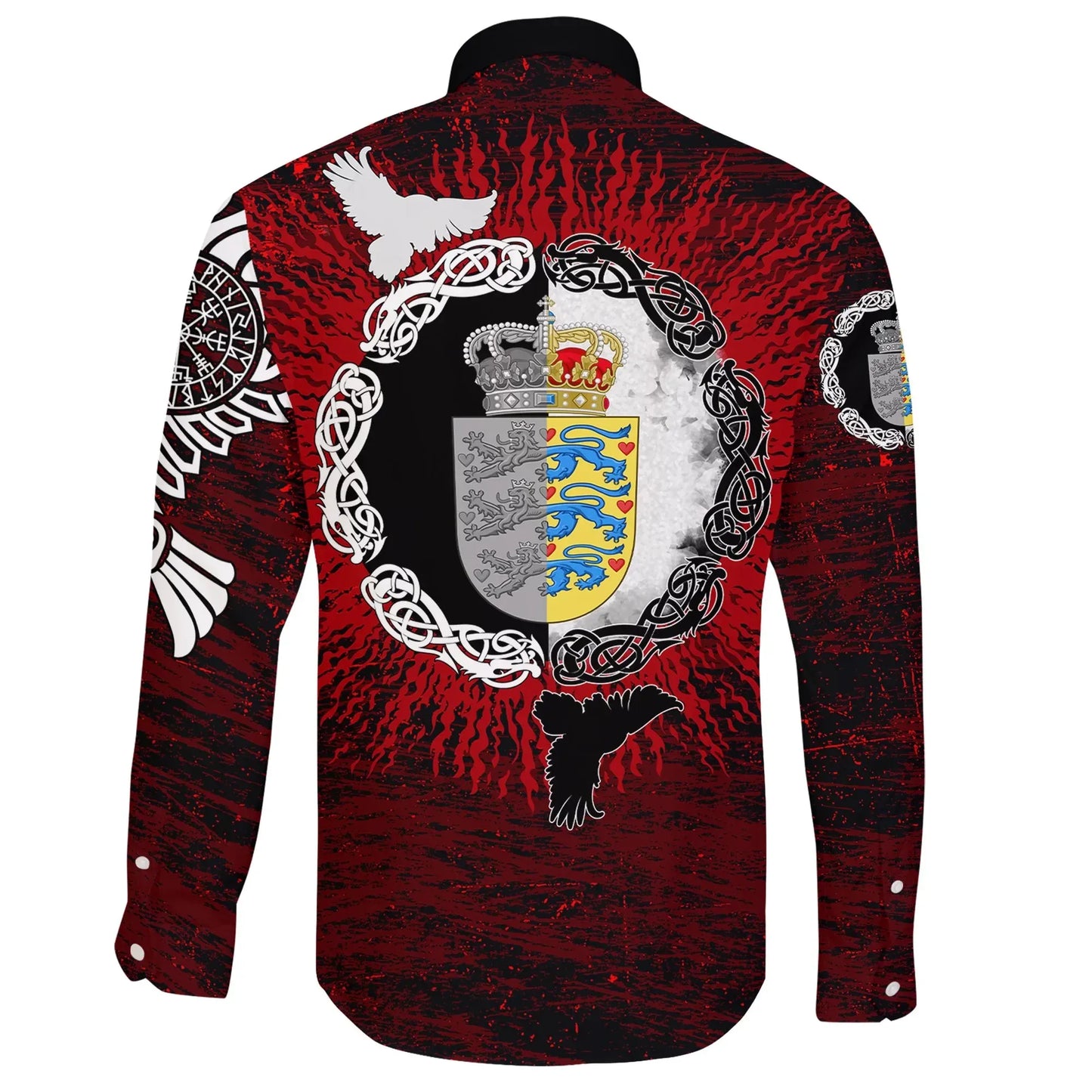 Long Sleeve Button Shirt Denmark Raven Of Odin And Symbol Viking On Blood Background