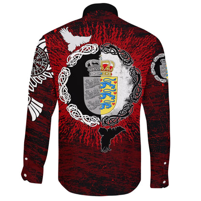 Long Sleeve Button Shirt Denmark Raven Of Odin And Symbol Viking On Blood Background