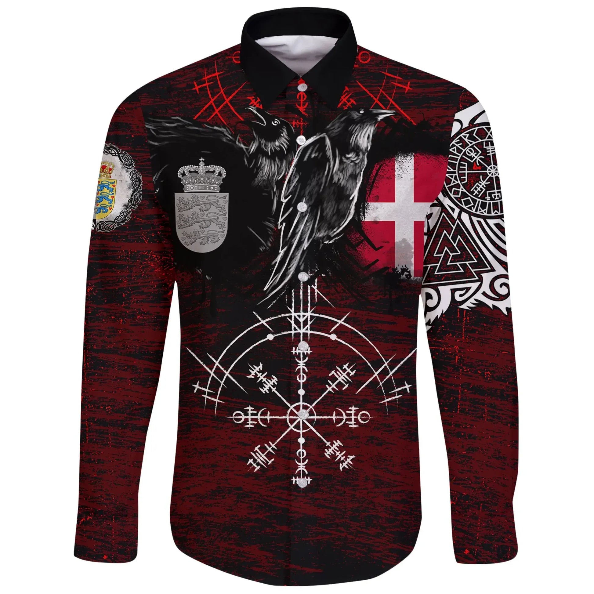 Long Sleeve Button Shirt Denmark Raven Of Odin And Symbol Viking On Blood Background