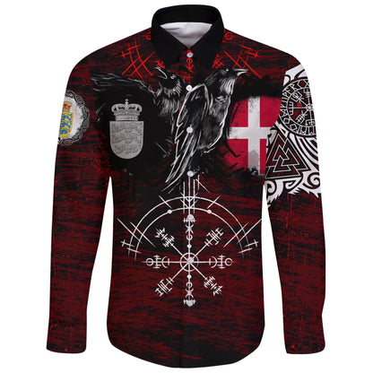 Long Sleeve Button Shirt Denmark Raven Of Odin And Symbol Viking On Blood Background