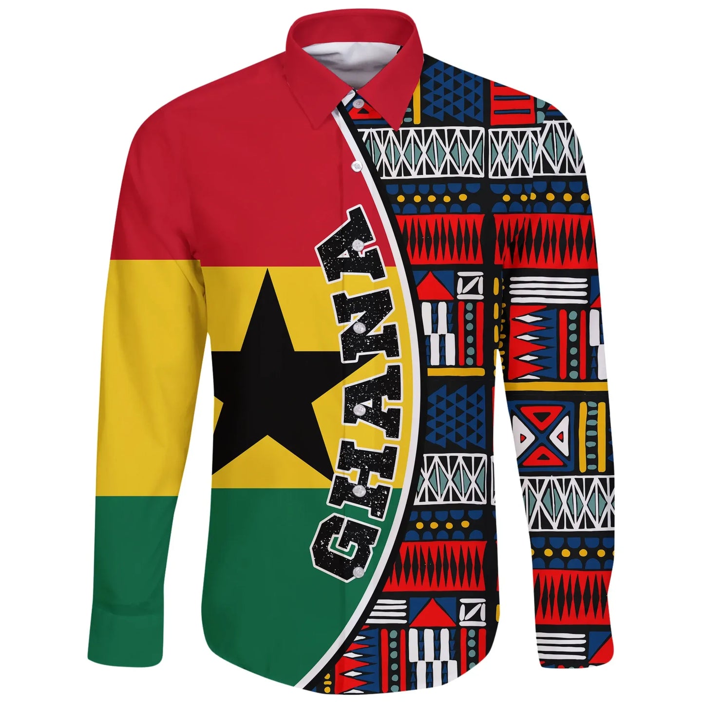 Ghana Long Sleeve Button Shirt Flag & Kente Pattern Special