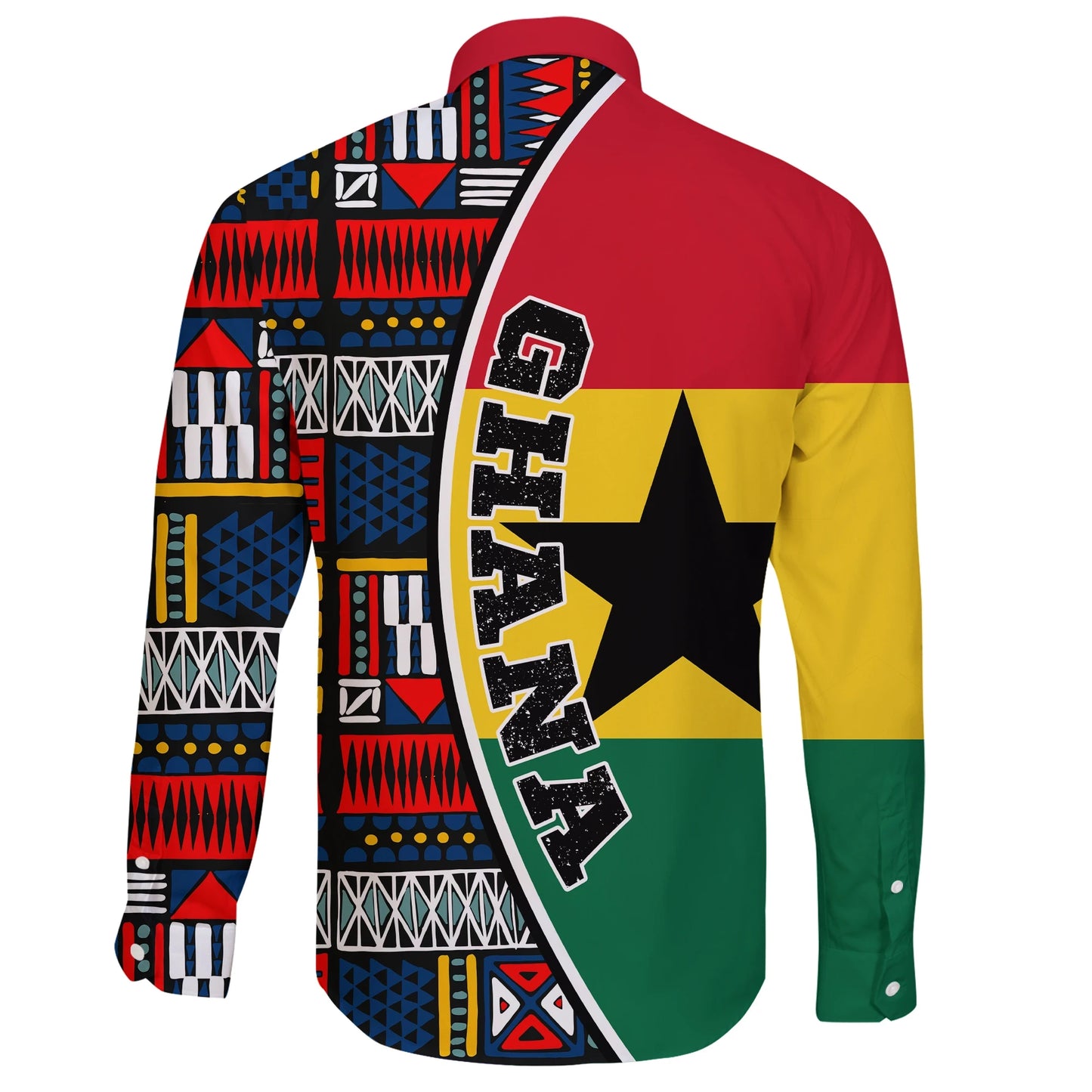 Ghana Long Sleeve Button Shirt Flag & Kente Pattern Special