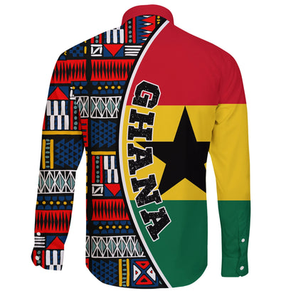 Ghana Long Sleeve Button Shirt Flag & Kente Pattern Special