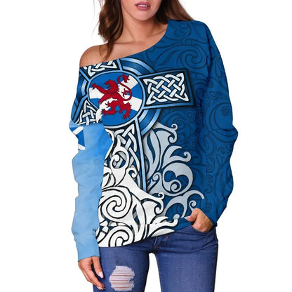 Scotland Celtic Women's Off Shoulder Sweater Scottish Flag and Lion