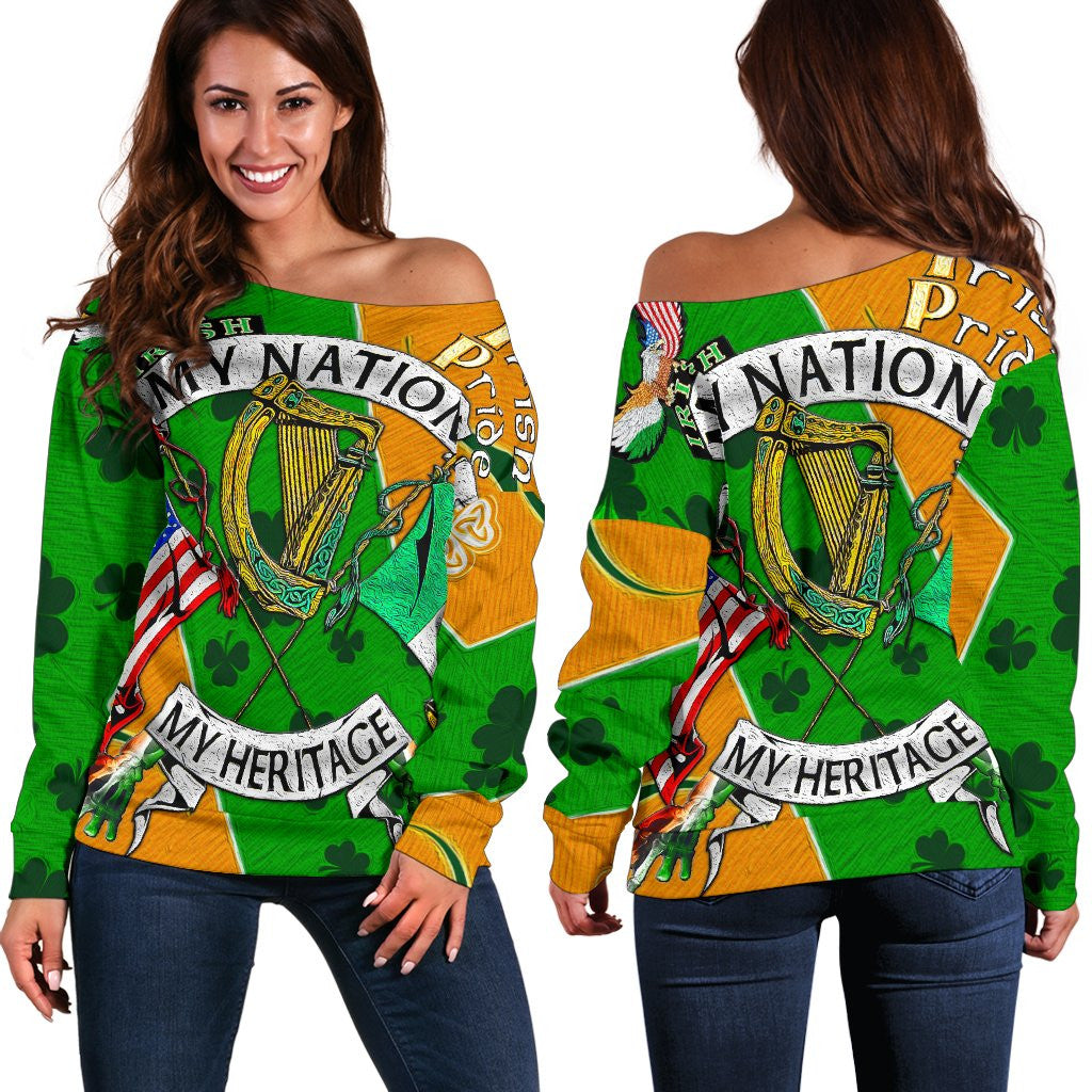 My Nation My Heritage Women's Off Shoulder Sweater Irish Americans Gaedheal,Mheirice√°naigh