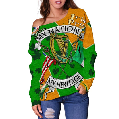 My Nation My Heritage Women's Off Shoulder Sweater Irish Americans Gaedheal,Mheirice√°naigh