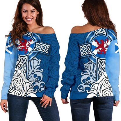 Scotland Celtic Women's Off Shoulder Sweater Scottish Flag and Lion