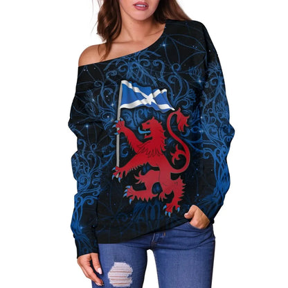 Scotland Women's Off Shoulder Sweater Lion Rampant With Scotland Flag