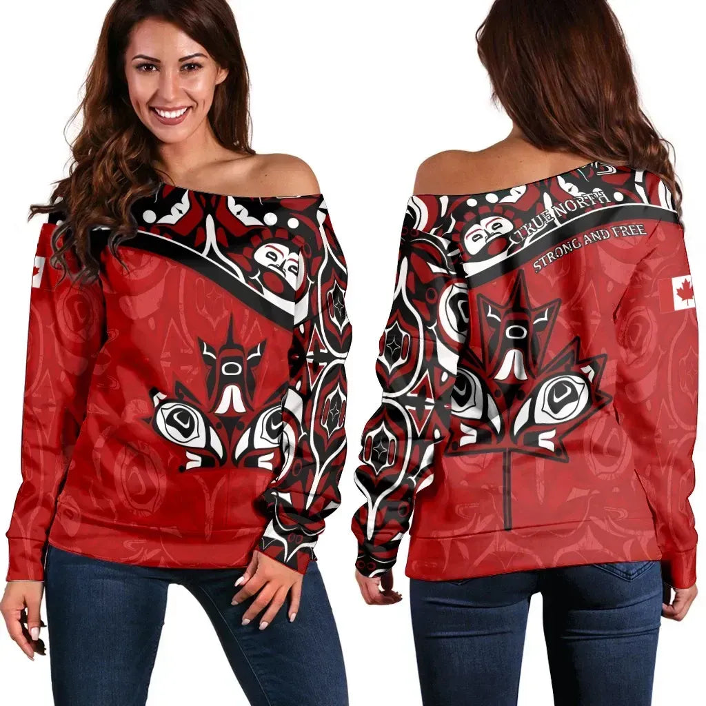 Canada Day Women's Off Shoulder Sweater Canadian Heritage Maple Leaf Art Style Red
