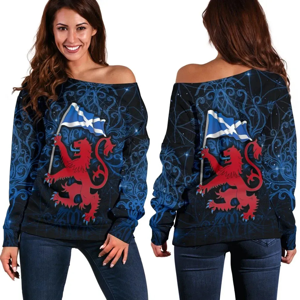 Scotland Women's Off Shoulder Sweater Lion Rampant With Scotland Flag