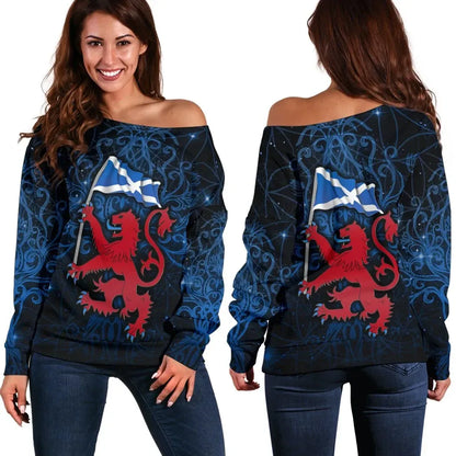 Scotland Women's Off Shoulder Sweater Lion Rampant With Scotland Flag